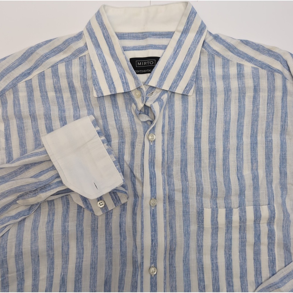 Mirto 100% Linen Men L Button Up Long Sleeve Flip Cuff Continental Fit Spain